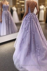 Backless Purple Lace Semi Formal Prom Dresses with Train, Open Back Long Purple Lace Formal Evening Dresses