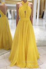 Backless Yellow Chiffon Long Semi Formal Prom Dresses, Open Back Yellow Formal Bridesmaid Dresses