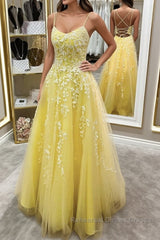 Backless Yellow Lace Long Semi Formal Prom Dresses, Long Yellow Lace Formal Dresses, Yellow Evening Dresses