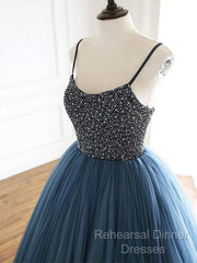 Ball Gown Deep Blue Tulle Semi Formal Prom Dress Evening Dress With Beading,
