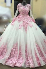 Ball Gown Long Sleeve Tulle Semi Formal Prom Flowers Wedding Dress