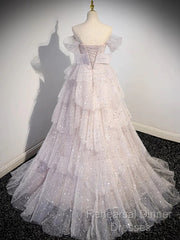 Ball Gown Off Shoulder Tulle Sequin Light Pink Long Semi Formal Prom Dress