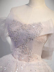 Ball Gown Off Shoulder Tulle Sequin Light Pink Long Semi Formal Prom Dress