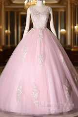 Ball Gown Pink V-Neck Semi Formal Prom Dress Tulle Applique Long Evening Dress