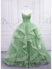 Ball Gown Semi Formal Prom Dresses Glittering Dress Formal Floor Length Sleeveless V Neck Tulle With Glitter Ruffles