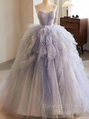Ball Gown Ruffles Blue Tulle Lace Up Semi Formal Prom Dress