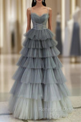 Ball Gown Strapless Tulle Long Gray Semi Formal Prom Dress Evening Dresses