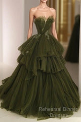 Ball Gown Strapless Tulle Long Green Semi Formal Prom Dress Evening Dresses