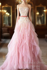 Ball Gown Strapless Tulle Long Pink Semi Formal Prom Dress Evening Dresses