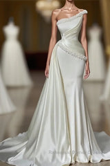 Chic Sleeveless Wedding Gowns With Beads Long White One Shoulder