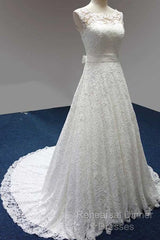 Bateau A-Line Lace Sash Bowknot Sleeveless Wedding Dress