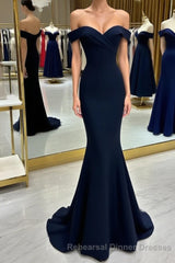 Long Navy Semi Formal Prom Dress Mermaid Off-the-Shoulder Sweetheart Sleeveless