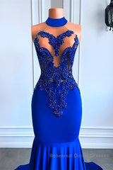 Royal Blue High Neck Sleeveless Mermaid Semi Formal Prom Dresses with Beadings