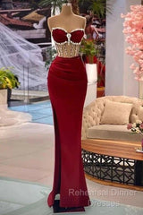 Beaded Burgundy Mermaid Semi Formal Prom Dress