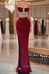 Beaded Burgundy Mermaid Semi Formal Prom Dress
