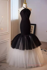 Beading Mermaid Black And White Halter Tulle Semi Formal Prom Dress