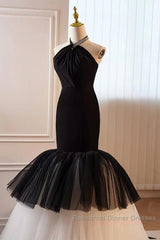 Beading Mermaid Black And White Halter Tulle Semi Formal Prom Dress