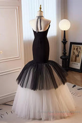 Beading Mermaid Black And White Halter Tulle Semi Formal Prom Dress