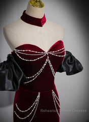 Beauiful Wine Red Off Shoulder Mermaid Long Semi Formal Prom Dress, Wine Red Party Dress
