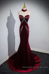 Beauiful Wine Red Off Shoulder Mermaid Long Semi Formal Prom Dress, Wine Red Party Dress
