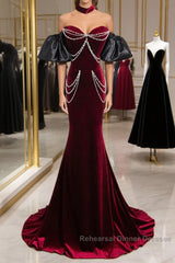 Beauiful Wine Red Off Shoulder Mermaid Long Semi Formal Prom Dress, Wine Red Party Dress