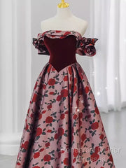 Beautiful A Line Off The Shoulder Long Floral Semi Formal Prom Dress