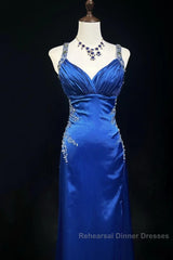 Beautiful Backless Beaded Satin Sheath Royal Blue Long Semi Formal Prom Dress Formal Evening Gown