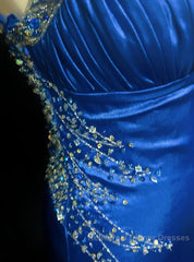 Beautiful Backless Beaded Satin Sheath Royal Blue Long Semi Formal Prom Dress Formal Evening Gown