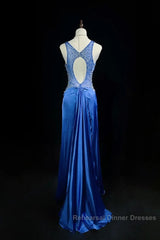 Beautiful Backless Beaded Satin Sheath Royal Blue Long Semi Formal Prom Dress Formal Evening Gown