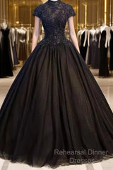 Beautiful Black Cap Sleeves Long Tulle Party Dress, Black Semi Formal Prom Dress