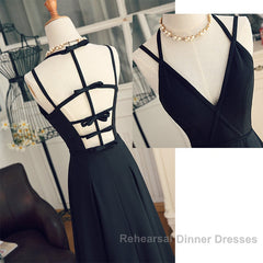 Beautiful Black Chiffon Straps Long A-Line Junior Semi Formal Prom Dress, Black Party Gowns