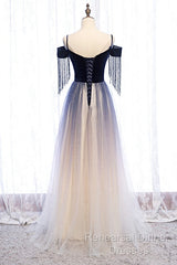 Beautiful Blue Gradient Tulle Long Party Dresses,A-Line Off Shoulder Formal Dresses