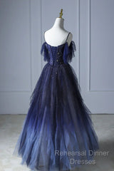 Beautiful Blue Gradient Tulle Long Semi Formal Prom Dress, Spaghetti Strap Evening Dress
