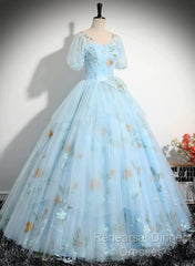 Beautiful Blue Tulle Short Sleeves Sweet 16 Dress With Bow, Blue Formal Gown