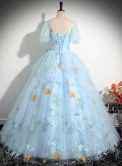Beautiful Blue Tulle Short Sleeves Sweet 16 Dress With Bow, Blue Formal Gown