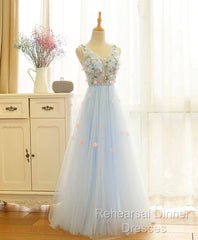 Beautiful Blue V-Neckline Floral Lace Tulle Party Dress, A-Line Blue Evening Dress Semi Formal Prom Dresses