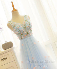 Beautiful Blue V-Neckline Floral Lace Tulle Party Dress, A-Line Blue Evening Dress Semi Formal Prom Dresses