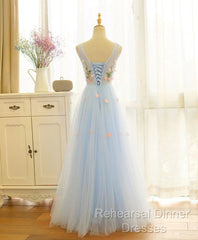 Beautiful Blue V-Neckline Floral Lace Tulle Party Dress, A-Line Blue Evening Dress Semi Formal Prom Dresses