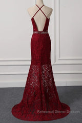 Beautiful Dark Red Lace Halter Beaded Evening Dress, Mermaid Semi Formal Prom Dress