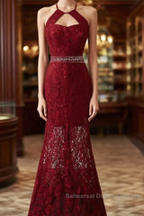 Beautiful Dark Red Lace Halter Beaded Evening Dress, Mermaid Semi Formal Prom Dress