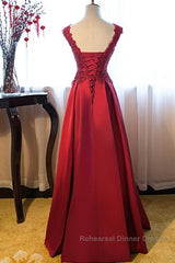 Beautiful Dark Red Lace Long Junior Semi Formal Prom Dress, Lace Top Party Dress