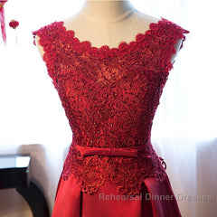 Beautiful Dark Red Lace Long Junior Semi Formal Prom Dress, Lace Top Party Dress