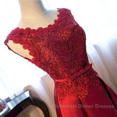Beautiful Dark Red Lace Long Junior Semi Formal Prom Dress, Lace Top Party Dress