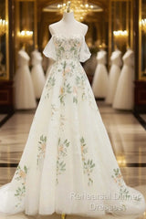 Beautiful Floral Lace Tulle Long Semi Formal Prom Dress, White Off The Shoulder Evening Party Dress