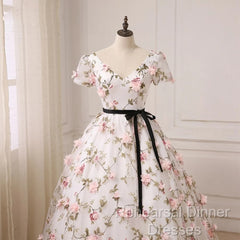 Beautiful Flowers Ball Gown Long Party Dress, Short Sleeves Semi Formal Prom Dress