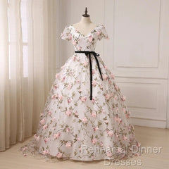 Beautiful Flowers Ball Gown Long Party Dress, Short Sleeves Semi Formal Prom Dress