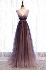 Beautiful Gradient V-Neckline Tulle Long Semi Formal Prom Dress Party Dress, Gradient Evening Gown