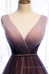 Beautiful Gradient V-Neckline Tulle Long Semi Formal Prom Dress Party Dress, Gradient Evening Gown