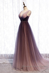 Beautiful Gradient V-Neckline Tulle Long Semi Formal Prom Dress Party Dress, Gradient Evening Gown