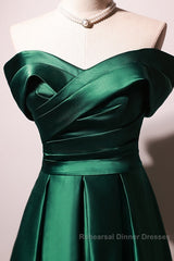 Beautiful Green Satin A-Line Off Shoulder Semi Formal Prom Dresses, Green Evening Dress Party Dresses